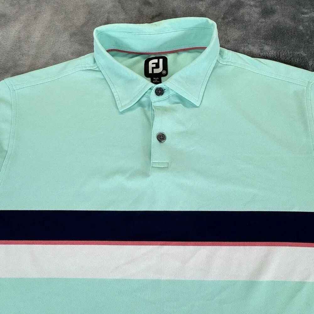FootJoy Sz L FJ Golf Polo Shirt Men's Aqua Blue Stripe Performance Tech
